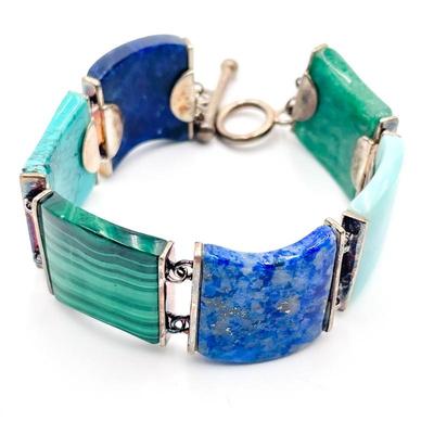 Sterling Silver Bracelet with Green and Blue Semi-Precious Stones