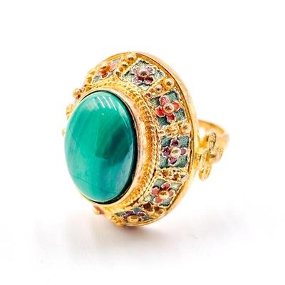Gold-Plated Sterling Silver Ring with Malachite & Enamel Size 7