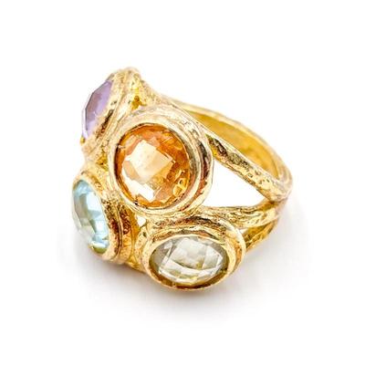 925 Sterling Silver Gold-Toned Ring with Gemstones Size 7