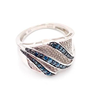 Round Blue Diamond Rhodium Over Sterling Silver Bridge Ring Size 8