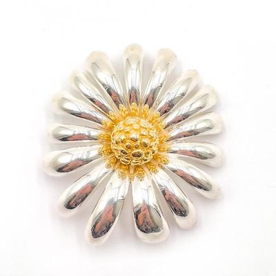 Daisy-Shaped 925 Sterling Silver and Gold Tone Brooch