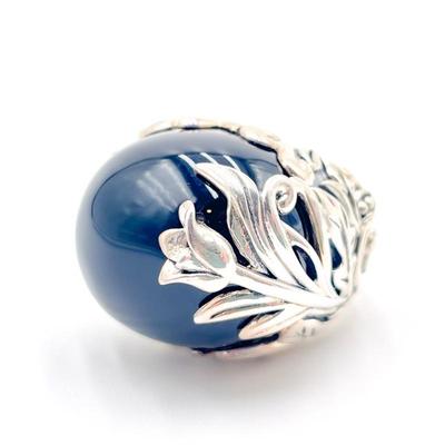 925 Sterling Silver Ring with Black Domed Stone and Floral Design Size 7