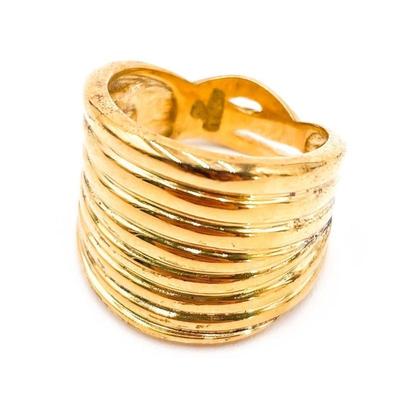 Wide Gold Band Ring with Ribbed Design