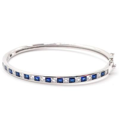 Sterling Silver Hinged Bangle with Blue & Clear CZ Stones
