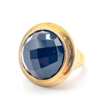 925 Sterling Silver Gold-Tone Ring with Faceted Black Stone Size 7