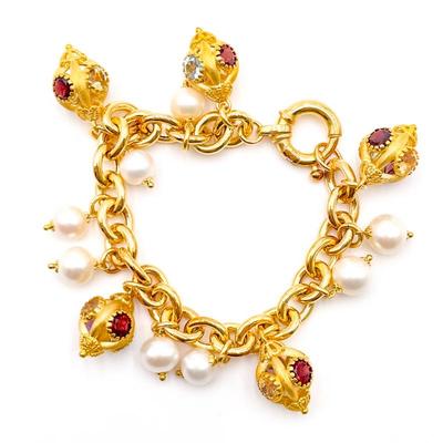 925 Sterling Gold-Tone Charm Bracelet with Gems & Pearls