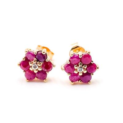 BBJ 925 Sterling Silver Gold-Plated Ruby Floral Stud Earrings
