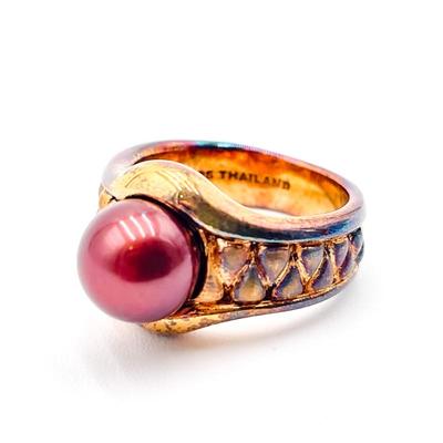 925 Sterling Silver Gold-Tone Ring with Red Pearl Accent Size 6.5