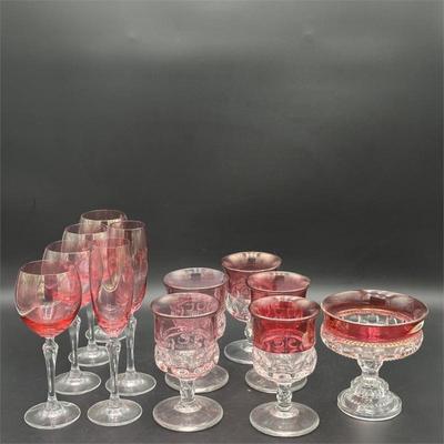 Set of Cranberry Glass Stemware and Footed Bowls
