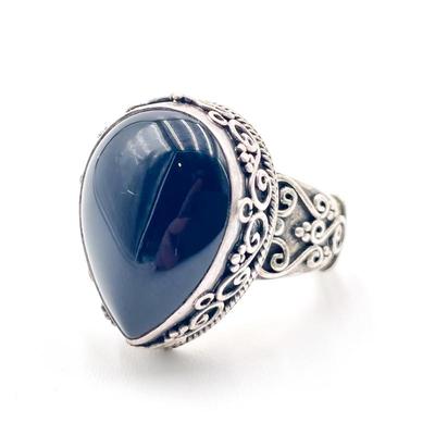 Sterling Silver Ring with Black Teardrop Stone Size 7