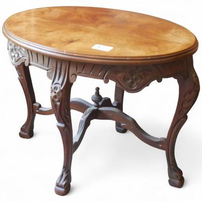 Sale Photo Thumbnail #13: Oval Inlaid Rococo-Style Parlor Table w/ Carved Base