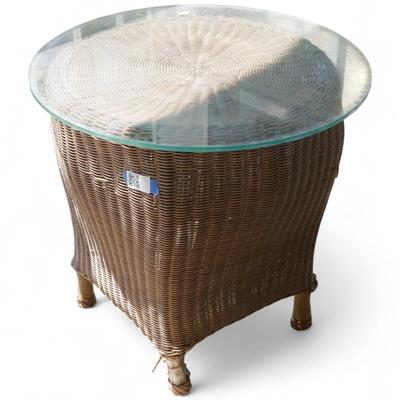 Sale Photo Thumbnail #105: Woven Wicker Outdoor Side Table w/ Glass Top