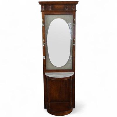 Sale Photo Thumbnail #12: Pulaski Mahogany Hall Tree w/Decorative Frosted Glass Mirror & Marble Top