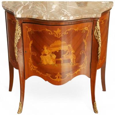 Sale Photo Thumbnail #8: Louis XV Style Inlaid Marquetry Commode w/ Marble Top