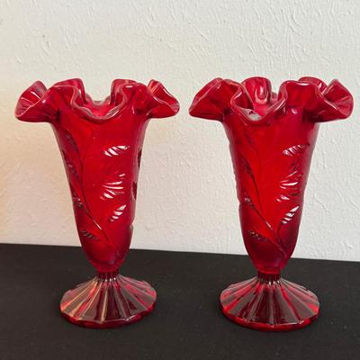 Fenton Dark Red Ruffled Vases
