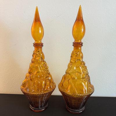 Vintage Amber Glass Decanter Pair 