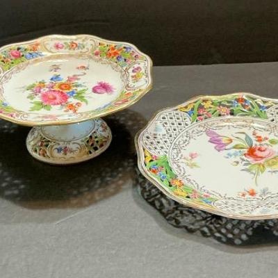 Vintage Floral Motif Plate & Pedestal Compote From Dresden Germany