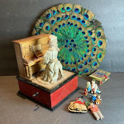Antique Music Box, Peacock Fan And Miniature Dolls