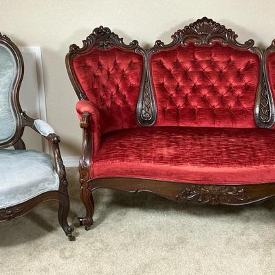 Victorian Walnut Button Back Serpentine Sofa And Arm Chair. USA , Ca. 1890