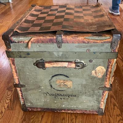 Antique Foot Locker With Leather Chess Board On Top