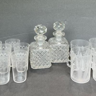 2  Crystal Whiskey Decanters With Stoppers, 7 Vintage Fostoria Tumblers, 4 Hand Blown Mugs