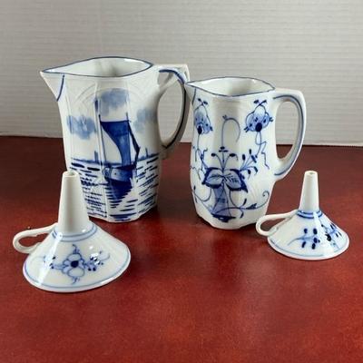 Two Delft Blue And White Pitchers And 2 Blue And White Funnels