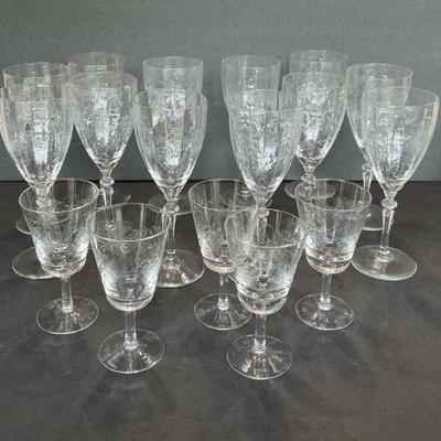 11 Vintage Etched Wine Glasses, 5 Vintage Etched Cordial Glass