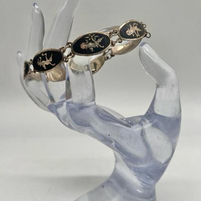 7.5” Vintage Siam Sterling Silver & Black Enamel Bracelet