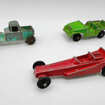 (3) Vintage Metal Toy Cars featuring Wedge Dragster & TootsieToy 