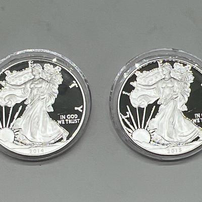(2) Proof American Eagle Walking Liberty Silver Dollars — One Ounce Fine Silver 2014W & 2015W