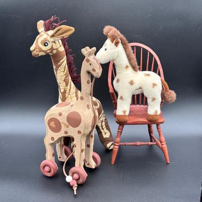 (3) Giraffes And A Miniature Wooden Chair