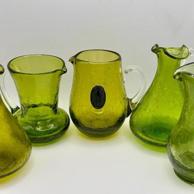 Pilgrim Crackle Glass Pitcher With Sticker & (4) Green Crackle Glass Pitchers