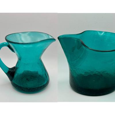 (2) Large Blue Crackle Glass Pitchers 