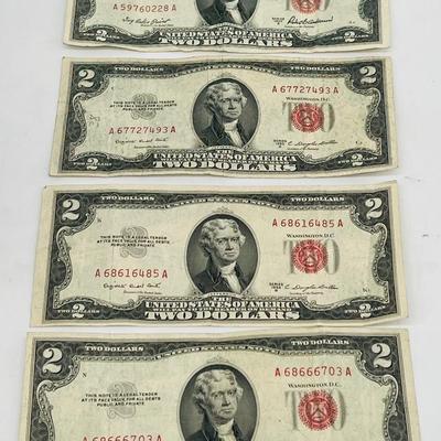 (4) 1953 Red Seal Legal Tender Notes “Will Pay To The Bearer On Demand Two Dollars”