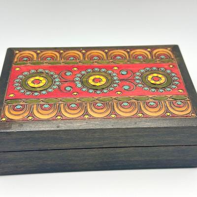VTG Hand Carved & Painted Wood Folk Art Keepsake Box - Poland