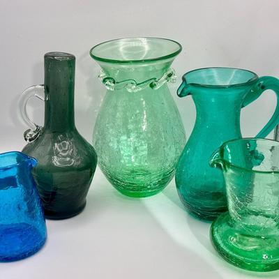 Kanawha Crackle Glass Vase & (4) Crackle Glass Pitchers