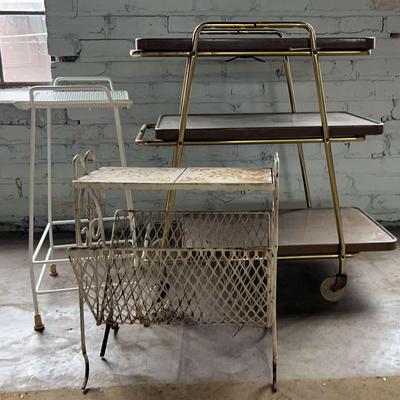 Vintage MCM Tiered Cart, Magazine Stand And Shower Chair 