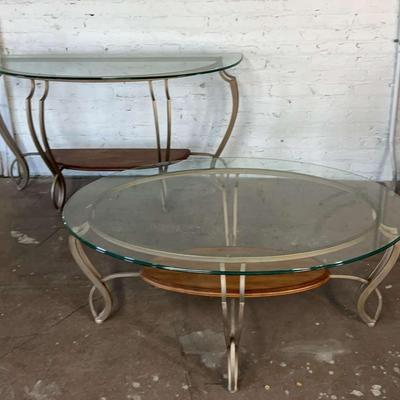 Matching Scrolled Metal & Shaped Edge Glass Console and Coffee Tables 