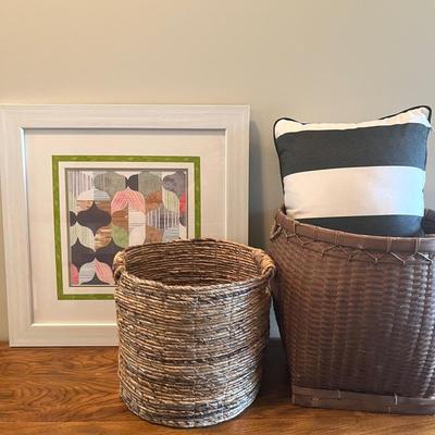 Decor Group with Goldberger Print, Baskets, Frontgate Pillow 