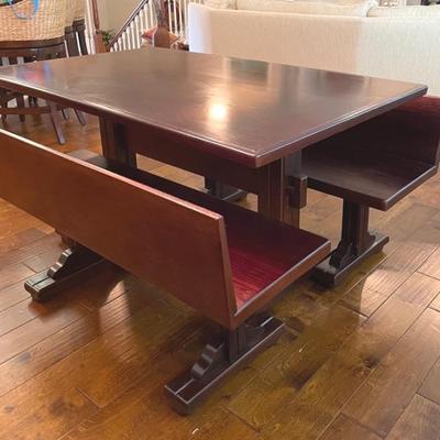 Walnut And Oak Trestle Table With Benches