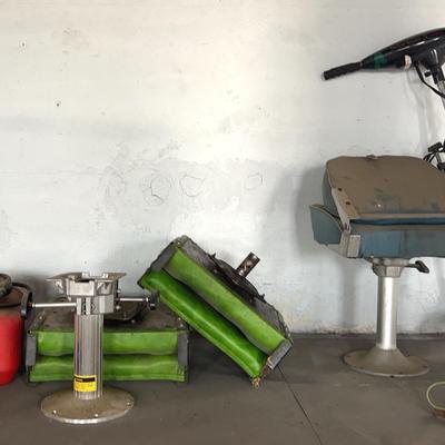 Spare Motor Boat Seats, Gas Can, Motor Guide Trawling Motor And Daiwa Mini cast Fishing Rod