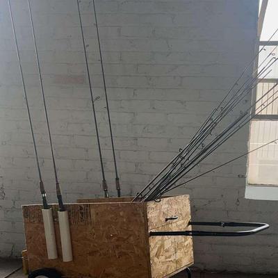 Handmade Wood Fishing Cart With 10+ Rods And Net