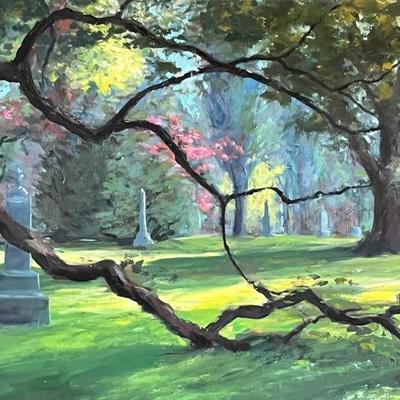 Larry Griggs Acrylic Landscape Painting, Spring Grove Cemetery, Unsigned 