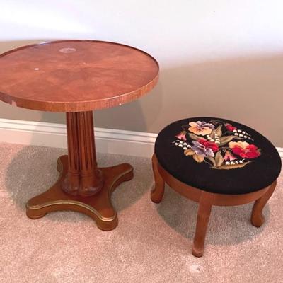 Vintage Needlepoint Stool With Side Table