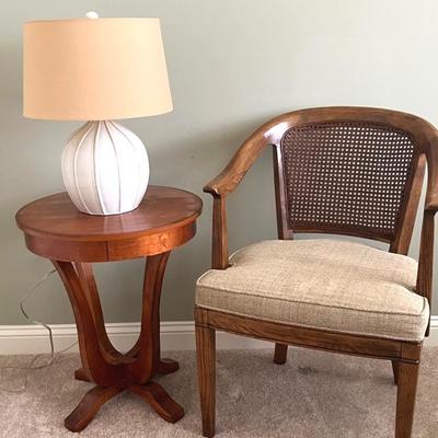 Rattan and Oak Chair, Pottery Lamp and Cherry Side Table