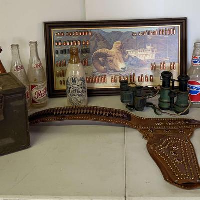 Antique Christian Moerlein Stoneware Beer Bottle, Collectible Glass, Hunting Knives, Bullet Display