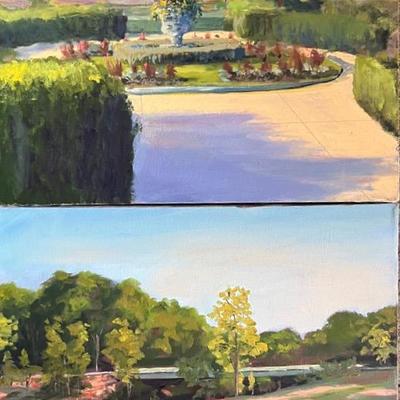 Pair of Larry Griggs Acrylic Landscape Paintings, Garden and Bridge, Unsigned 