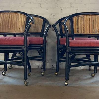 Four Alexvale Furniture Ebonized Rattan Armchairs On Wheels