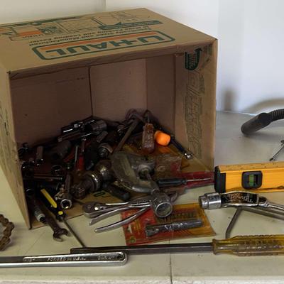 Tool Box Lot With Level, Wrenches, Pipe Cutter And More 