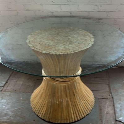 Contemporary Tempered Glass And Sculptural Rattan Base Dining Table 